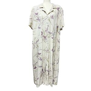 Linen Blend Butterfly Dragonfly Button Down Dress Size 22W Beige Purple Vintage